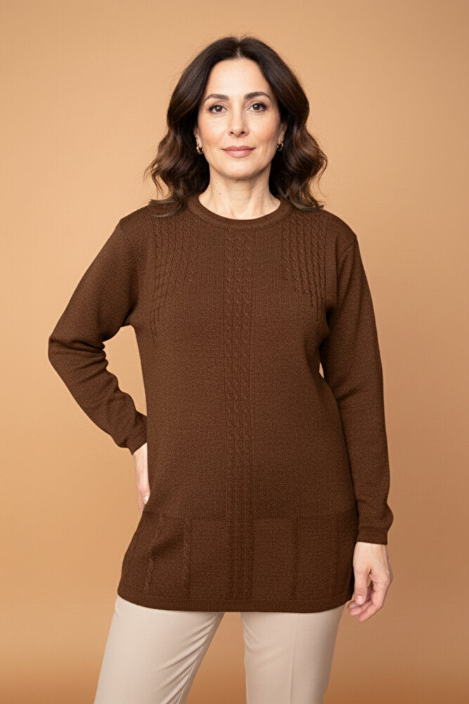 Kadın Bisiklet Yaka Likralı Desenli Triko Anne Kazak