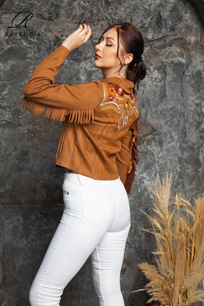 Kadın Western Süet Püsküllü Nakışlı Ceket