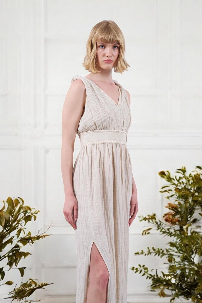 Kadın Yırtmaçlı Keten Taş Rengi Elbise