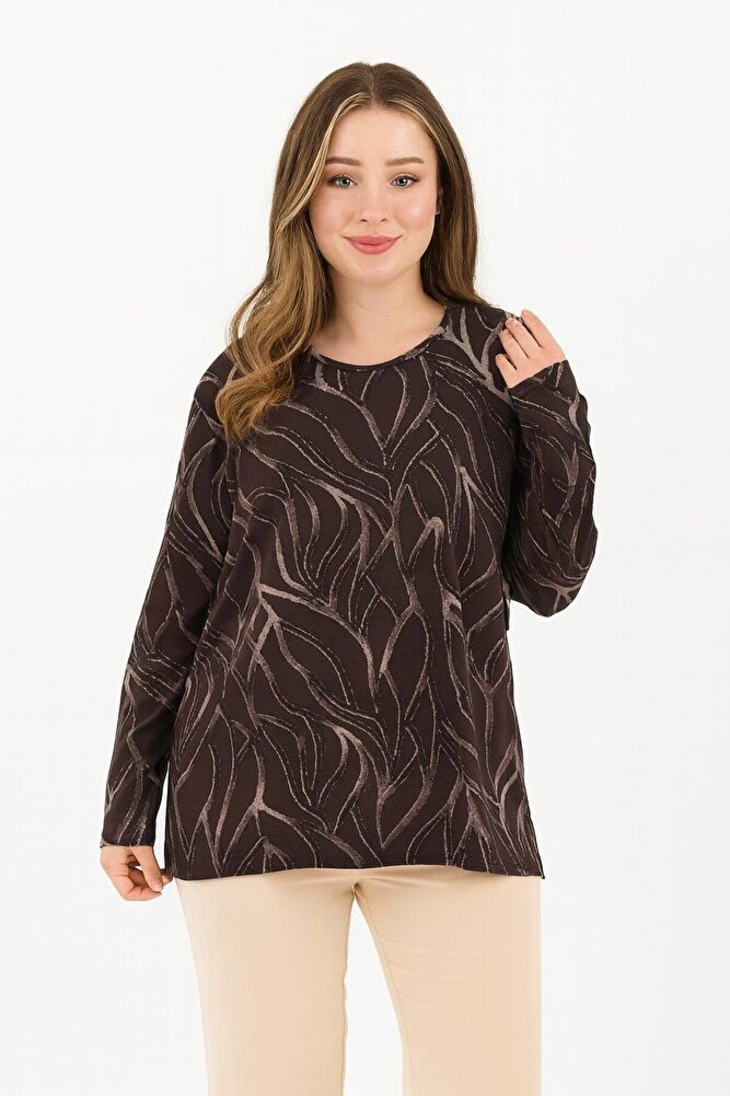 Kadın Orta Yaş Ve Üzeri Baskı Desenli Simli Likralı Yırtmaçlı Siyah Anne Penye Bluz