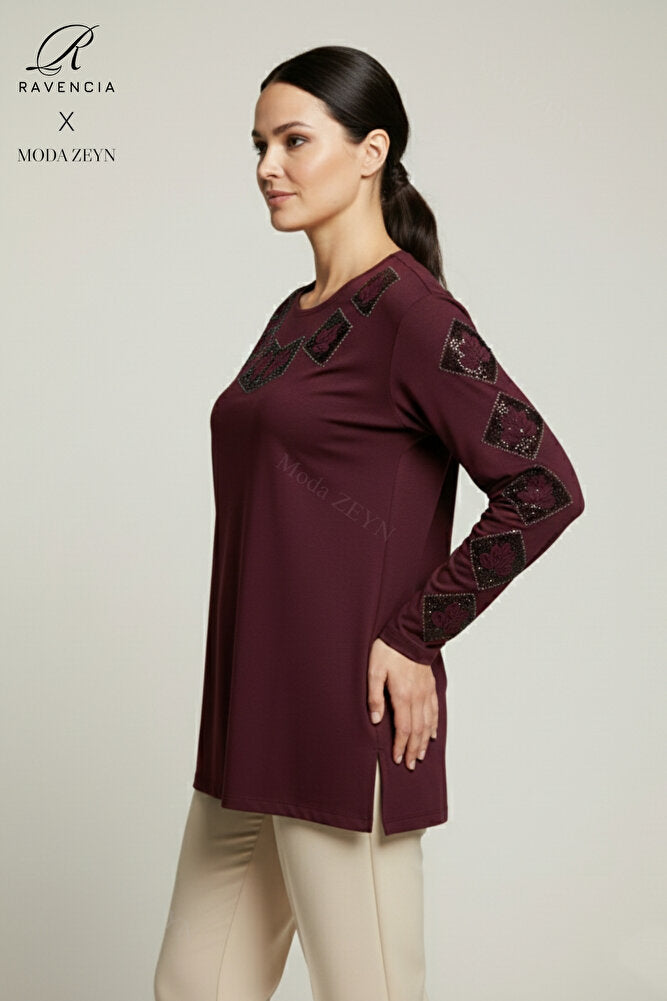 Kadın Orta Yaş Ve Üzeri Viskon Kare Taşlı Yırtmaçlı İşlemeli Likralı Anne Penye Bluz