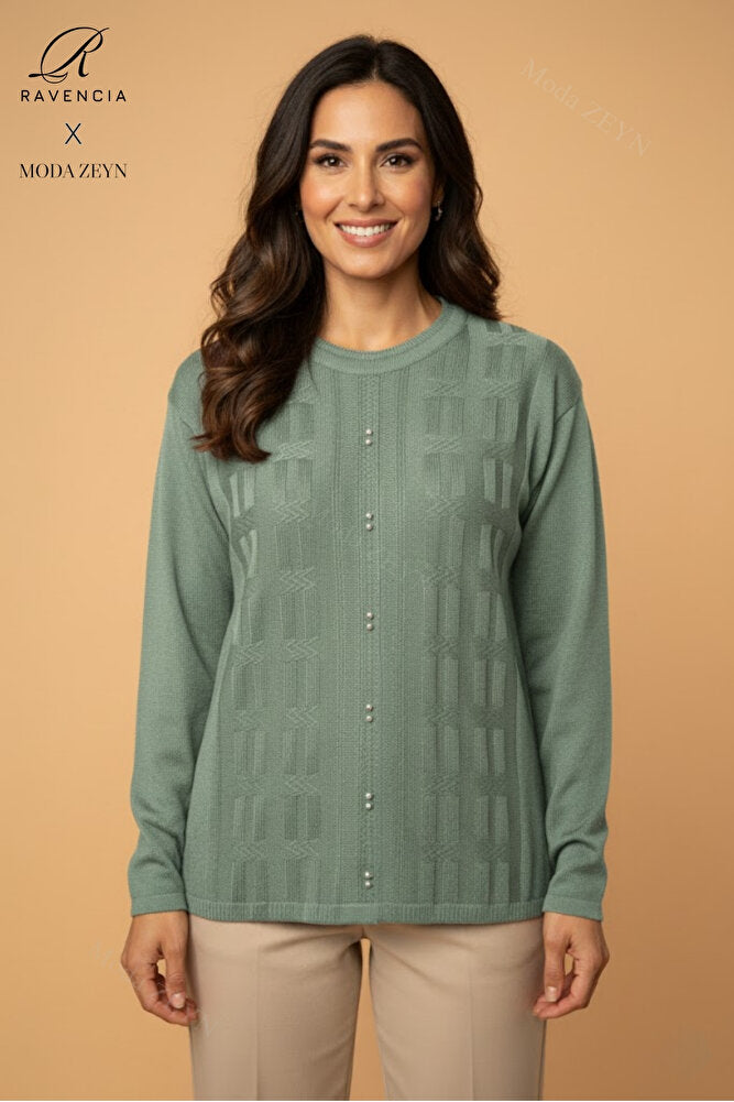 Kadın Bisiklet Yaka Likralı Desenli Triko Anne Kazak