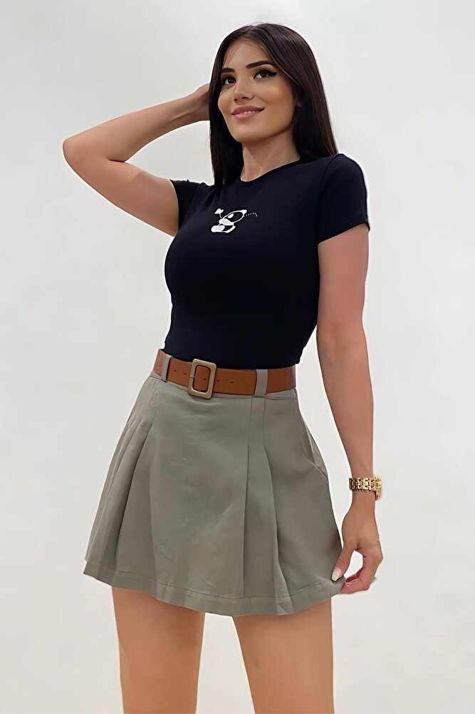 Kadın Pileli Şort Siyah Etek