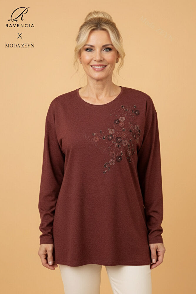 Kadın Çiçek Desenli Taşlı Likralı Yırtmaçlı Yün Anne Penye Bluz