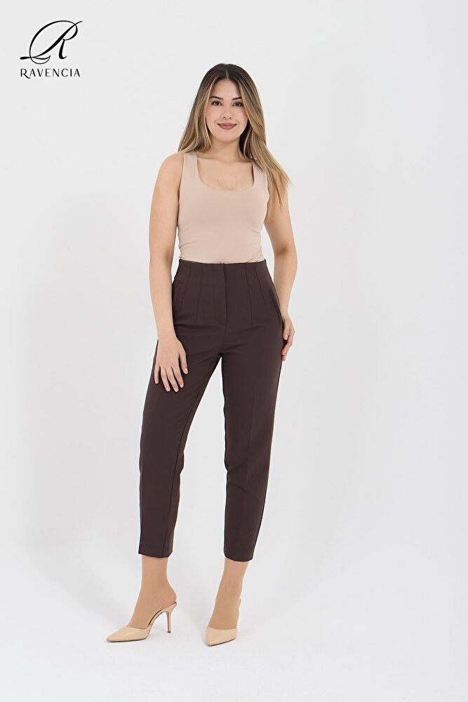 Kadın Model Yüksek Bel Kumaş Koyu Kırmızı Pantolon