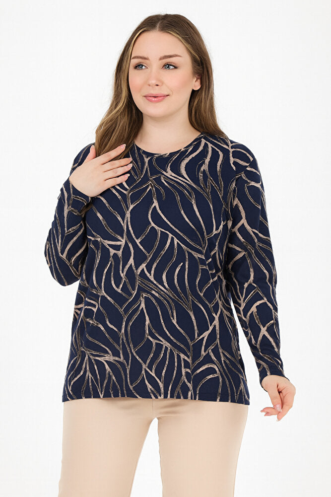 Kadın Orta Yaş Ve Üzeri Baskı Desenli Simli Likralı Yırtmaçlı Siyah Anne Penye Bluz