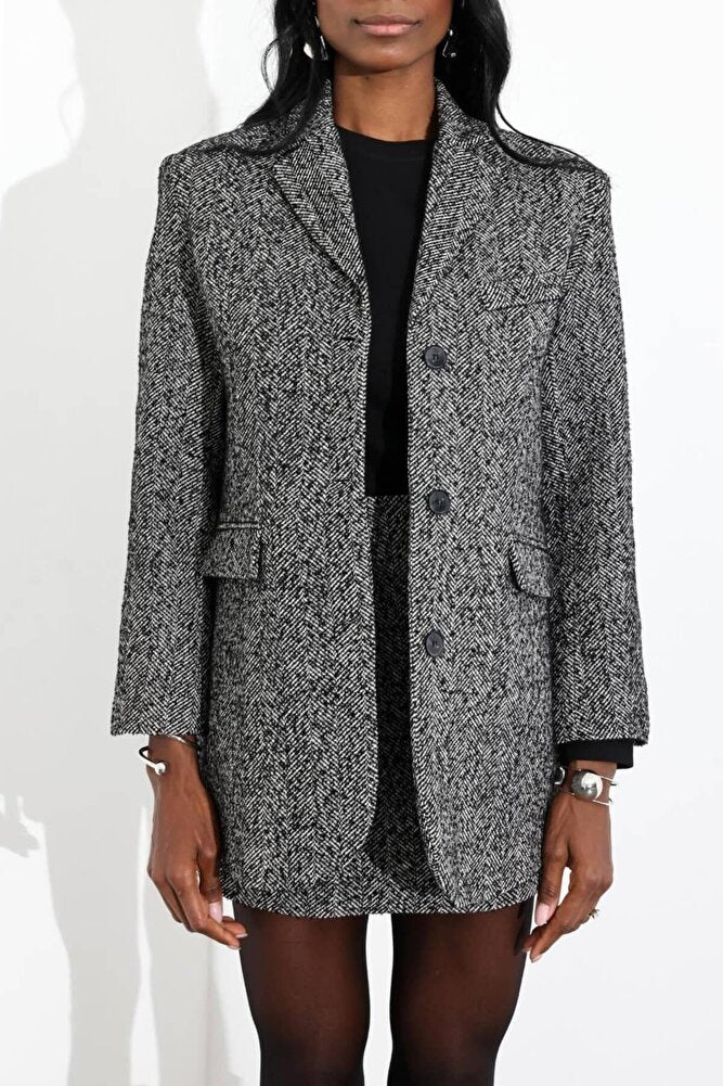 Kadın Premium Kalite Oversize Vatkalı Balıksırtı Desenli Blazer Ceket