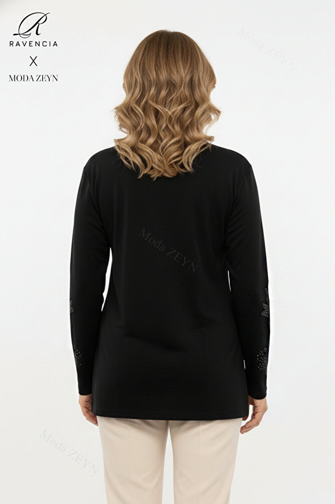 Kadın Orta Yaş Ve Üzeri Viskon Yapraklı Desen Taşlı Yırtmaçlı İşlemeli Likralı Anne Penye Bluz