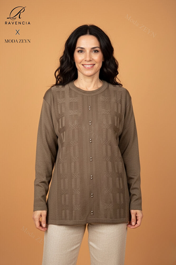 Kadın Bisiklet Yaka Likralı Desenli Triko Anne Kazak