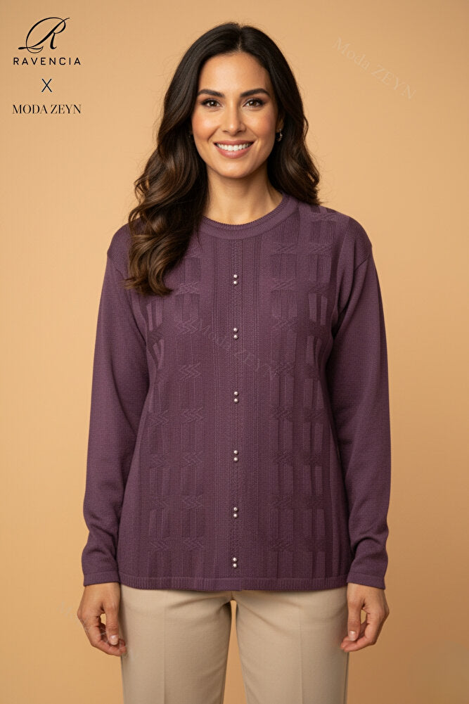 Kadın Bisiklet Yaka Likralı Desenli Triko Anne Kazak