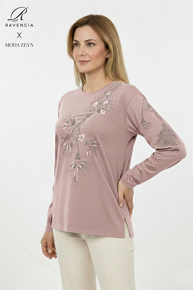 Kadın Orta Yaş Ve Üzeri Viskon Yapraklı Desen Taşlı Yırtmaçlı İşlemeli Likralı Anne Penye Bluz