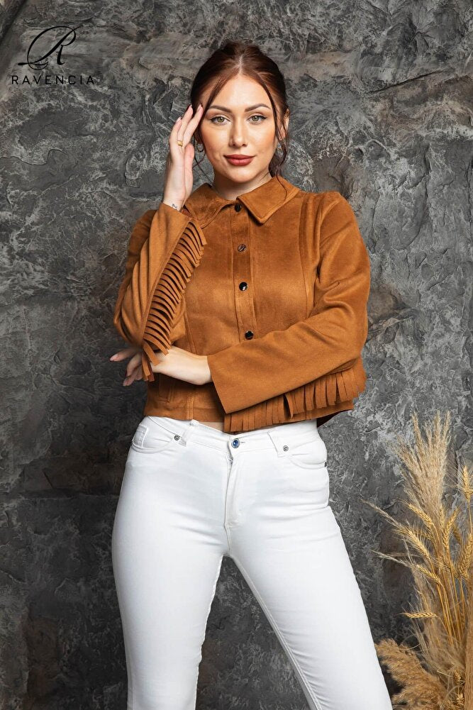 Kadın Western Süet Püsküllü Nakışlı Ceket