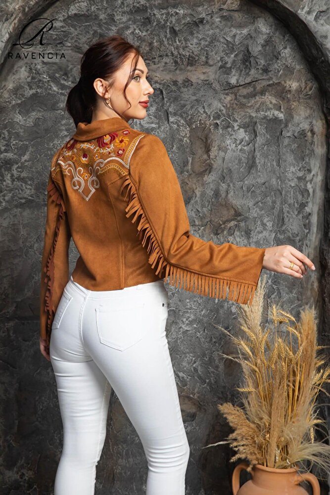 Kadın Western Süet Püsküllü Nakışlı Ceket