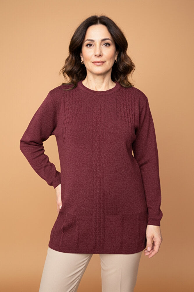 Kadın Bisiklet Yaka Likralı Desenli Triko Anne Kazak