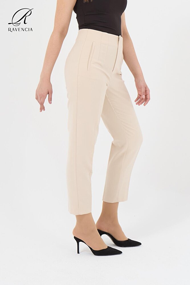 Kadın Model Yüksek Bel Kumaş Koyu Kırmızı Pantolon