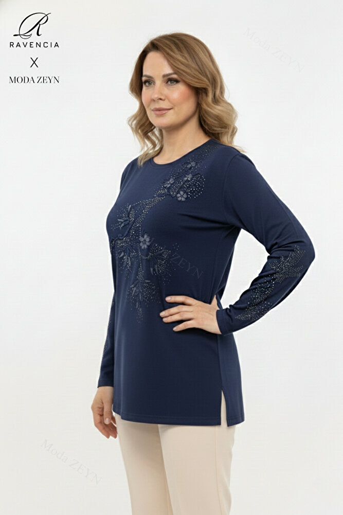 Kadın Orta Yaş Ve Üzeri Viskon Yapraklı Desen Taşlı Yırtmaçlı İşlemeli Likralı Anne Penye Bluz