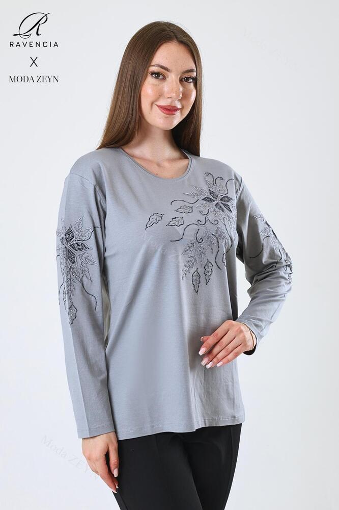 Kadın Orta Yaş Ve Üzeri Viskon Çiçek Desen Taşlı Işlemeli Likralı Anne Penye Bluz