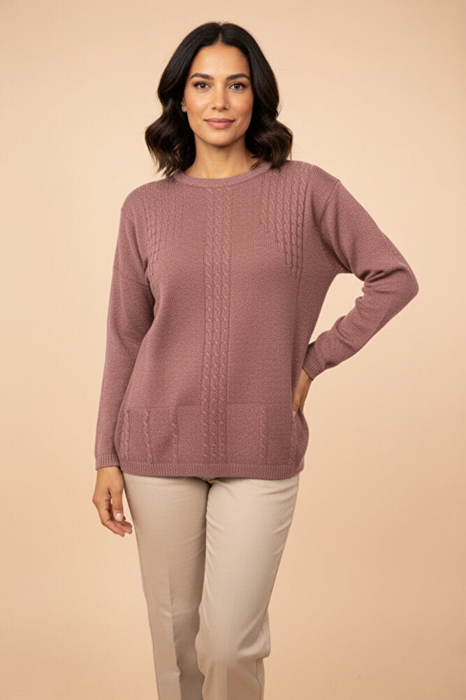 Kadın Bisiklet Yaka Likralı Desenli Triko Anne Kazak