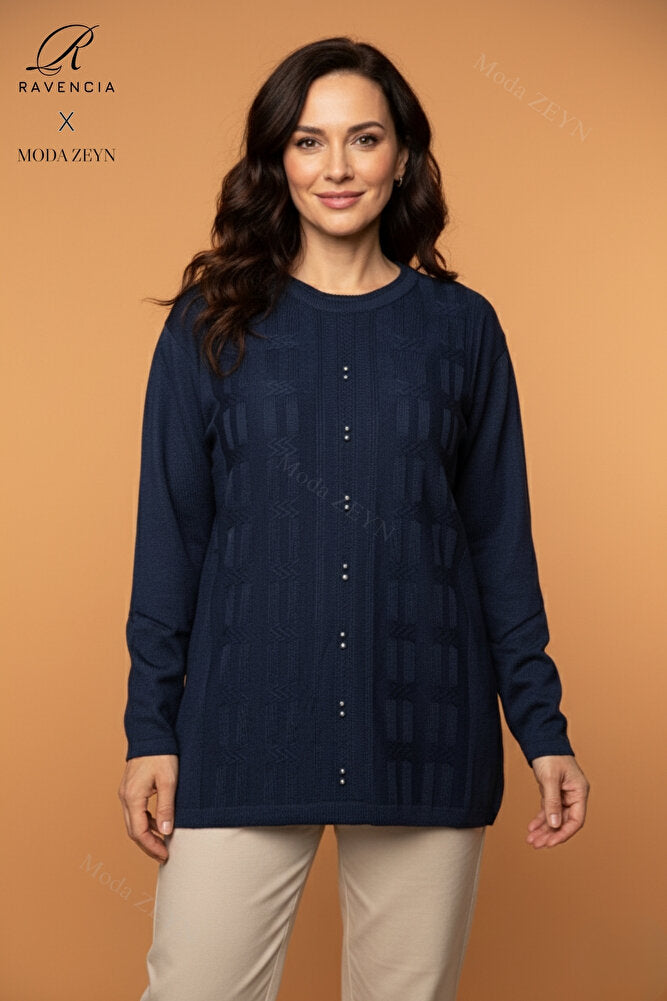 Kadın Bisiklet Yaka Likralı Desenli Triko Anne Kazak