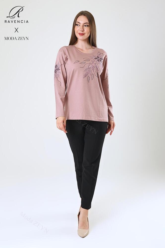 Kadın Orta Yaş Ve Üzeri Viskon Çiçek Desen Taşlı Işlemeli Likralı Anne Penye Bluz