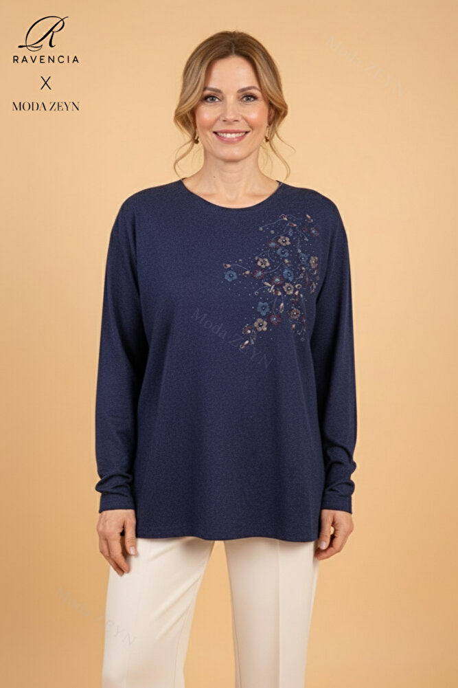 Kadın Çiçek Desenli Taşlı Likralı Yırtmaçlı Yün Anne Penye Bluz