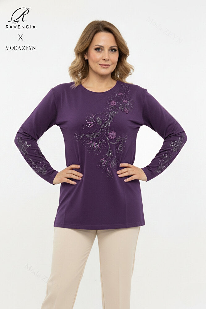 Kadın Orta Yaş Ve Üzeri Viskon Yapraklı Desen Taşlı Yırtmaçlı İşlemeli Likralı Anne Penye Bluz