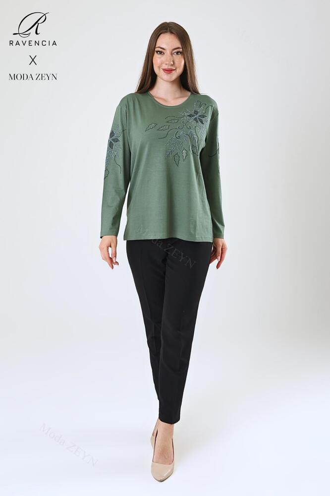 Kadın Orta Yaş Ve Üzeri Viskon Çiçek Desen Taşlı Işlemeli Likralı Anne Penye Bluz