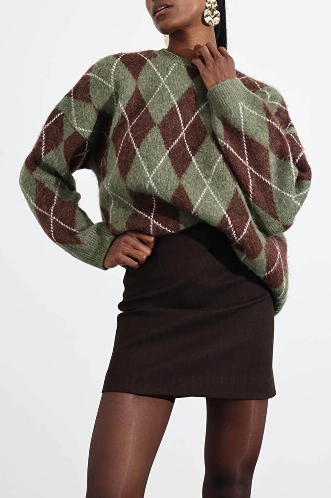 Kadın Balıksırtı Desenli Kaşe Acı Kahve Etek