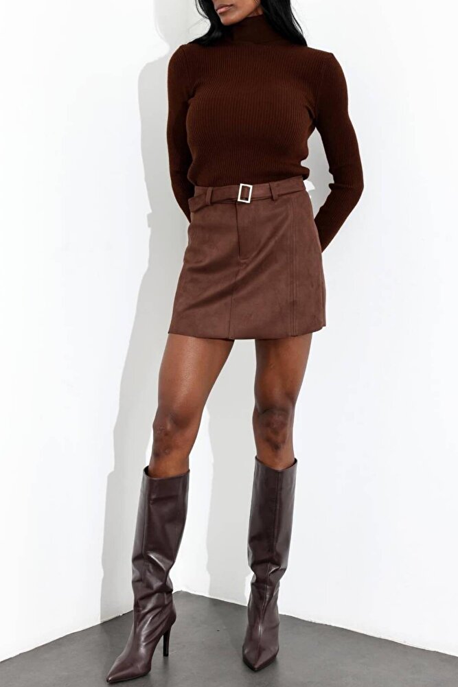 Kadın Premium Kalite Süet Kemerli Likralı Acı Kahve Etek
