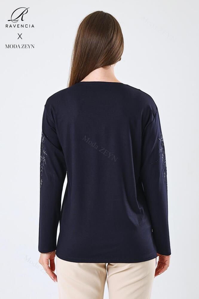 Kadın Orta Yaş Ve Üzeri Viskon Çiçek Desen Taşlı Işlemeli Likralı Anne Penye Bluz