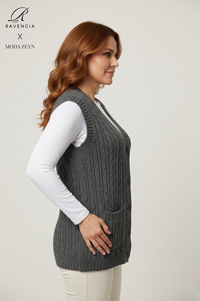 Kadın V Yaka Kalın Yün Saç Örgü Triko Düğmeli Cepli Anne Yelek