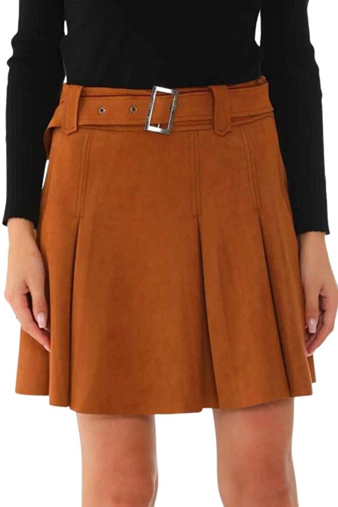 Kadın Taba Kemerli Pileli Mini Süet Etek