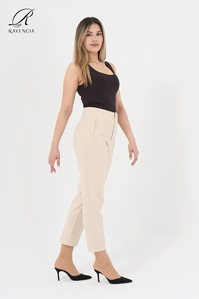 Kadın Model Yüksek Bel Kumaş Koyu Kırmızı Pantolon