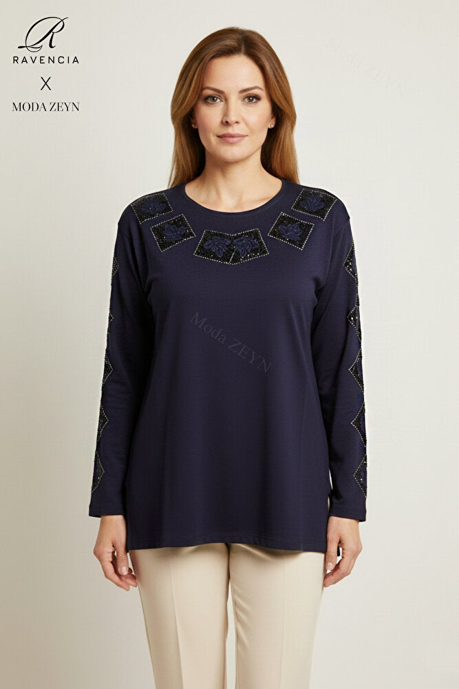 Kadın Orta Yaş Ve Üzeri Viskon Kare Taşlı Yırtmaçlı İşlemeli Likralı Anne Penye Bluz
