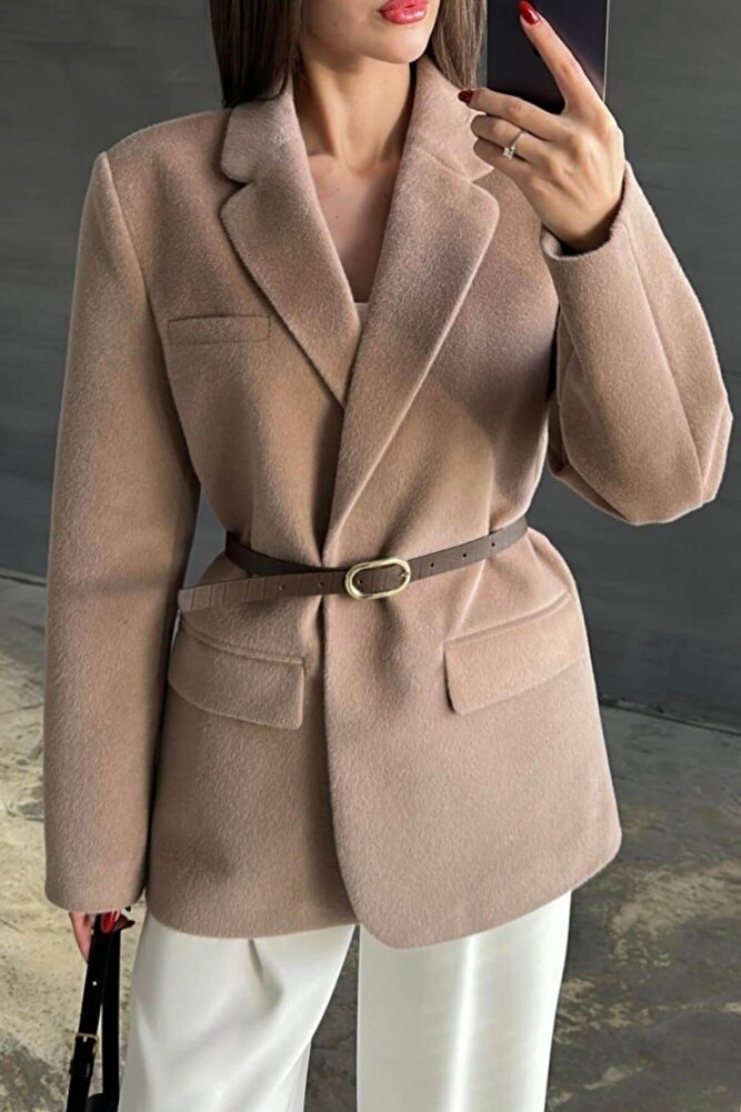 Kadın Premium Kalite Kemerli Peluş Blazer Ceket