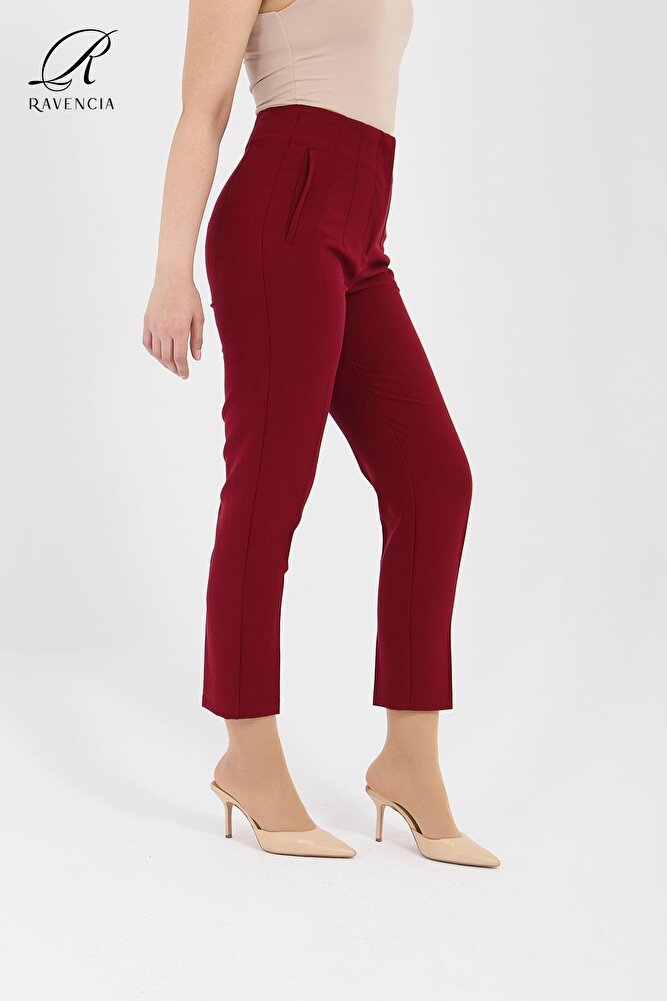 Kadın Model Yüksek Bel Kumaş Koyu Kırmızı Pantolon