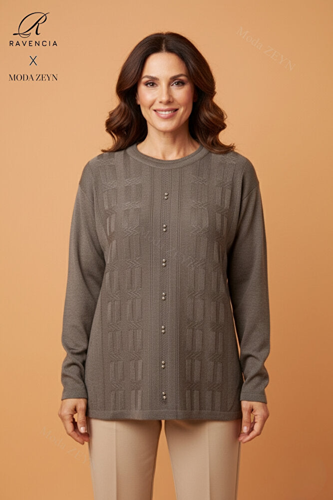 Kadın Bisiklet Yaka Likralı Desenli Triko Anne Kazak