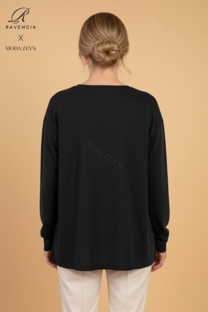 Kadın Çiçek Desenli Taşlı Likralı Yırtmaçlı Yün Anne Penye Bluz