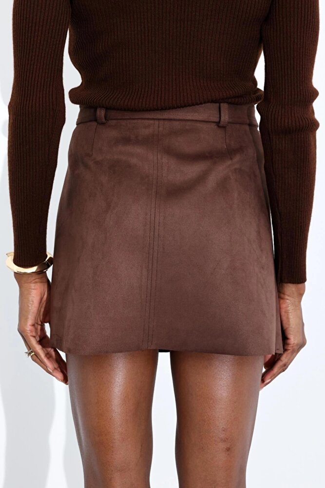 Kadın Premium Kalite Süet Kemerli Likralı Acı Kahve Etek