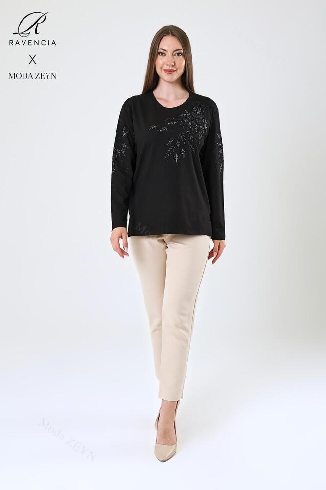 Kadın Orta Yaş Ve Üzeri Viskon Çiçek Desen Taşlı Işlemeli Likralı Anne Penye Bluz