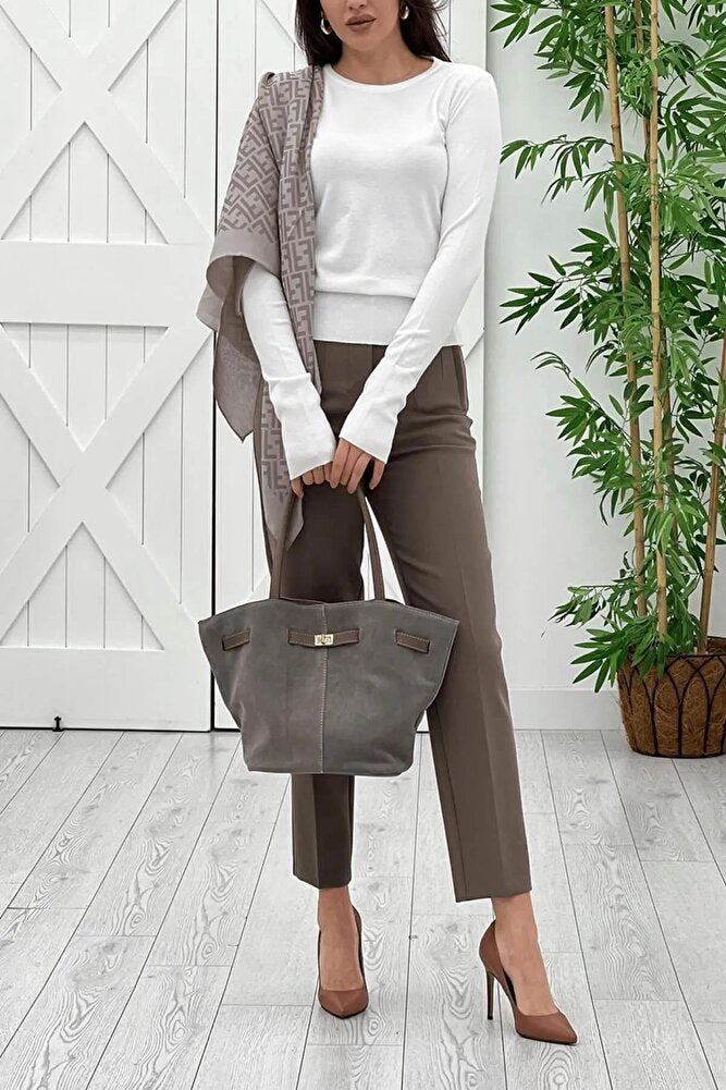 Kadın Model Yüksek Bel Kumaş Koyu Kırmızı Pantolon