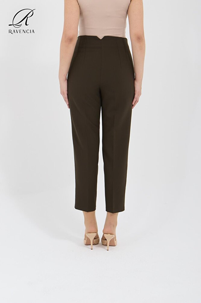 Kadın Model Yüksek Bel Kumaş Koyu Kırmızı Pantolon