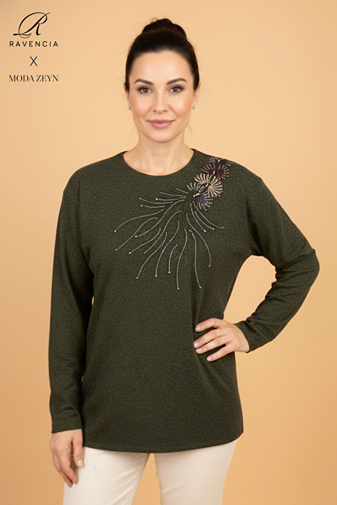 Kadın Damla Desenli Taşlı Likralı Yırtmaçlı Yün Anne Penye Bluz