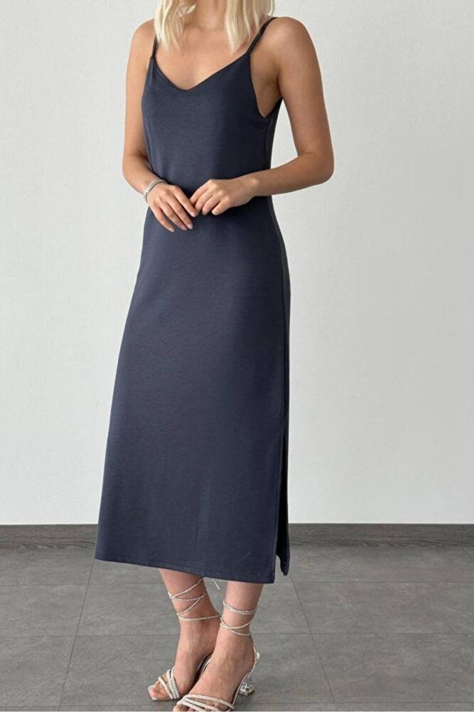 Kadın İp Askılı Çift Yırtmaç Detaylı Modal Kumaş Elbise