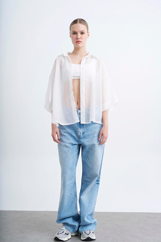 Kadın Yarım Kol Oversize İpeksi Gömlek