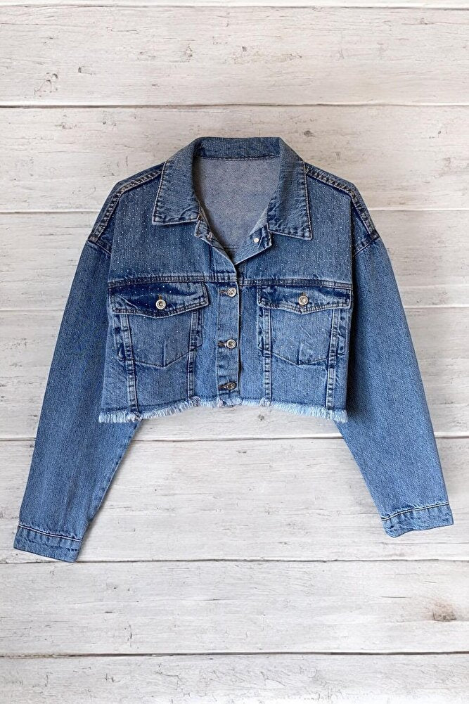 Kadın Taşlı Oversize Mavi Kot Ceket