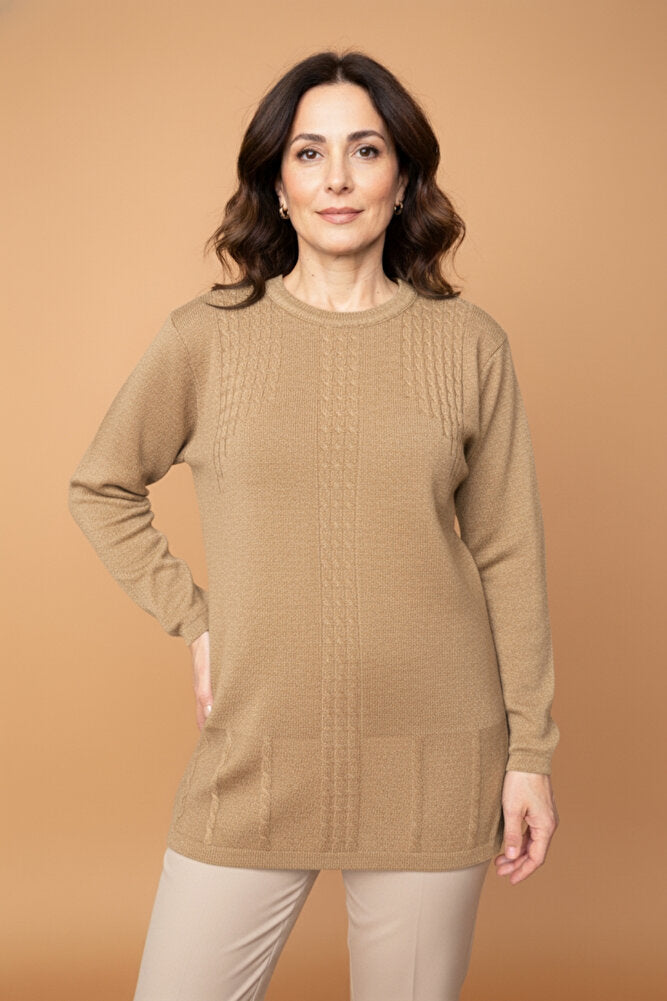 Kadın Bisiklet Yaka Likralı Desenli Triko Anne Kazak