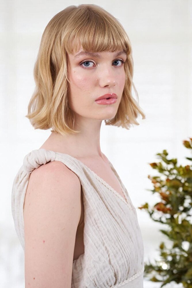 Kadın Yırtmaçlı Keten Taş Rengi Elbise