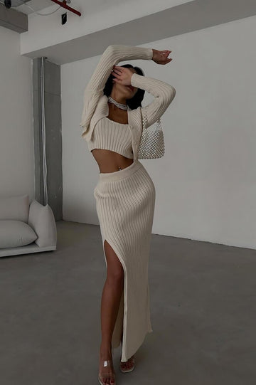 Kadın 3'lü Etek Crop Hırka Triko Takım