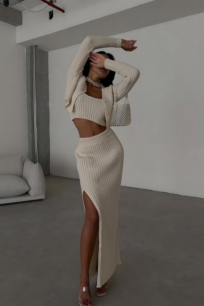 Kadın 3'lü Etek Crop Hırka Triko Takım